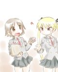  2girls bag food kill_me_baby kogaku_kazuya long_hair multiple_girls necktie oribe_yasuna school_uniform short_hair skirt sonya_(kill_me_baby) twintails 