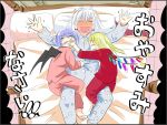  3girls bat_wings bed bed_sheet blonde_hair blue_hair blush braid flandre_scarlet floor from_above full-face_blush hand_on_another&#039;s_face happy ikaasi indoors izayoi_sakuya multiple_girls open_mouth pajamas pillow remilia_scarlet room short_hair side_ponytail silver_hair sketch sleeping tagme touhou translated twin_braids wings 