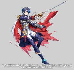  1boy aoi_itsuki armored_boots blue_eyes blue_hair boots cape copyright_notice epaulettes facial_mark fire_emblem fire_emblem_heroes full_body gloves grey_background male_focus mikurou_(nayuta) official_art one_eye_closed solo sword teeth tokyo_mirage_sessions_fe torn_clothes weapon 