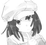  1girl bakemonogatari cabbie_hat finger_to_face gedou_(ge_ge_gedou) hat looking_at_viewer monochrome monogatari_(series) sengoku_nadeko short_hair solo upper_body 