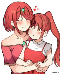  2girls aged_down artist_name bare_shoulders bob_cut breasts chest_jewel collarbone core_crystal_(xenoblade) dress earrings flipped_bangs floating_earring glimmer_(xenoblade) high_ponytail highres holding_baby jewelry large_breasts long_hair meidza_d mother_and_daughter multiple_girls off-shoulder_dress off_shoulder one_eye_closed overalls ponytail pyra_(xenoblade) red_dress red_eyes red_hair red_overalls shirt short_dress short_hair short_sleeves smile swept_bangs tiara twitter_username white_shirt xenoblade_chronicles_(series) xenoblade_chronicles_3 