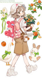  1girl animal_bag apple backpack bag bird bow bowtie branch brown_bow brown_eyes brown_hair brown_shorts cargo_shorts chinese_commentary closed_mouth commentary_request commission expressionless eyelashes flower food frilled_headwear fruit full_body goose green_bow green_bowtie hat highres holding holding_plant leaf light_blush lipstick looking_at_viewer makeup medium_hair mob_cap orange_(fruit) original pink_bag plant potted_plant putong_xiao_gou rabbit rabbit_bag red_lips sample_watermark shirt shoes short_sleeves shorts simple_background sneakers socks solo striped_clothes striped_socks t-shirt tareme vertical-striped_clothes vertical-striped_socks walking watch watch watermark white_background white_flower white_hat white_shirt white_shoes white_socks winged_heart 