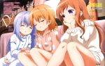  3girls absurdres blush character_name chin_rest closed_eyes curtains dress engrish gochuumon_wa_usagi_desu_ka? hands_on_own_cheeks hands_on_own_face highres holding_hands hoodie hoto_cocoa hoto_mocha indoors kafuu_chino lavender_hair leaning_on_person long_hair loungewear multiple_girls off-shoulder_sweater official_art orange_hair polka_dot_hoodie ranguage siblings sisters sitting smile sweater sweater_dress usami_kouichi violet_eyes window 