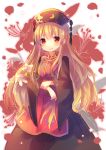  1girl black_dress blonde_hair chinese_clothes dress flower hat junko_(touhou) lily_(flower) long_hair long_sleeves petals pjrmhm_coa red_eyes ribbon sash sketch smile solo tabard touhou very_long_hair wide_sleeves 