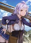  1girl bare_shoulders blue_jacket braid breasts brown_eyes cleavage from_side granblue_fantasy hand_on_hip jacket large_breasts leaning_forward long_hair looking_at_viewer midriff mikurou_(nayuta) miniskirt navel over_shoulder silva_(granblue_fantasy) silver_hair skirt solo thigh-highs twin_braids weapon weapon_over_shoulder zettai_ryouiki 