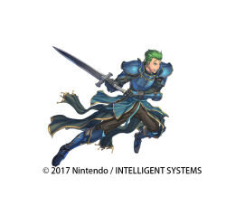  1boy arm_guards armor armored_boots blue_eyes boots copyright_notice fire_emblem fire_emblem:_mystery_of_the_emblem fire_emblem_heroes full_body gloves green_hair holding holding_sword holding_weapon izuka_daisuke luke_(fire_emblem) male_focus official_art pants pauldrons shoulder_armor solo sword weapon white_background 