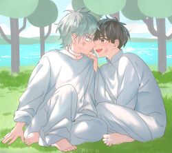 2boys aged_down alien_stage aqua_eyes barefoot black_eyes black_hair chinese_commentary closed_mouth commentary dirty dirty_face fang grabbing_another's_shoulder grey_hair highres ivan_(alien_stage) male_focus mikan_(artist) multiple_boys on_grass open_mouth pants red_pupils shirt short_hair sitting smile till_(alien_stage) tree very_short_hair water white_pants white_shirt yaoi