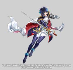  1boy aoi_itsuki armored_boots blue_eyes blue_hair boots cape copyright_notice epaulettes facial_mark fire_emblem fire_emblem_heroes full_body gloves grey_background male_focus mikurou_(nayuta) official_art open_mouth solo sword teeth tokyo_mirage_sessions_fe weapon 