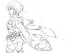  1girl ass breasts cape cloak from_behind hair_tubes hands_on_hips lineart monochrome pants petals rose_(tales) short_hair solo tales_of_(series) tales_of_zestiria tusia 