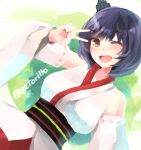  1girl bare_shoulders black_hair breasts detached_sleeves hair_ornament highres japanese_clothes kantai_collection nontraditional_miko obi one_eye_closed open_mouth red_eyes retorillo sash short_hair skirt smile solo twitter_username v yamashiro_(kantai_collection) 