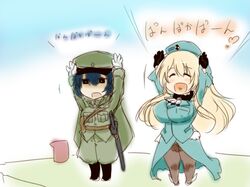  1boy 1girl arms_up atago_(kantai_collection) beret black_eyes black_gloves blonde_hair blue_hair blush breasts closed_eyes gloves hat kantai_collection karakure_(kamo-nanban) large_breasts long_hair military military_police military_uniform open_mouth original pan-pa-ka-paaan! pantyhose short_hair smile uniform 