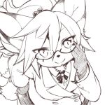  1girl animal_ears concon-collector fox_ears fox_tail furry glasses hand_on_hip kishibe looking_at_viewer monochrome multiple_tails simple_background smile solo tail white_background 