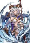  1girl absurdres animal_ears armor armored_dress braid breasts cat_ears cleavage dress granblue_fantasy hair_intakes hair_tubes hairband heles highres large_breasts long_hair polearm red_eyes single_braid solo spear weapon white_hair 