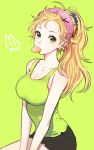  1girl artist_name breasts cleavage earrings food_in_mouth green green_background green_eyes hairband hoshii_miki idolmaster jewelry large_breasts long_hair looking_at_viewer ponytail rod_(rod4817) short_shorts shorts tank_top 