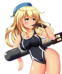  1girl absurdres atago_(kantai_collection) blonde_hair breasts cleavage collarbone competition_swimsuit finger_in_mouth hat highres kantai_collection large_breasts long_hair one-piece_swimsuit orange_(pencilmikan) red_eyes single_glove skin_tight swimsuit torpedo 