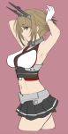  1girl armpits arms_up bare_shoulders breasts brown_hair cropped_legs gloves green_eyes headgear isshiki_(ffmania7) kantai_collection large_breasts looking_at_viewer midriff miniskirt mutsu_(kantai_collection) navel short_hair simple_background sketch skirt solo 