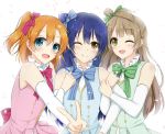  3girls bow brown_eyes brown_hair commentary_request hair_bow kousaka_honoka long_hair looking_at_viewer love_live!_school_idol_project minami_kotori multiple_girls open_mouth shiina_kuro side_ponytail smile sonoda_umi start:dash!! 