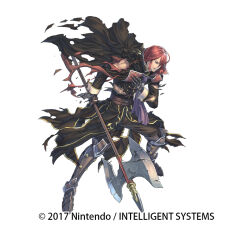  1boy armor armored_boots axe boots brown_eyes cape copyright_notice earrings fire_emblem fire_emblem:_mystery_of_the_emblem fire_emblem_heroes full_body gloves izuka_daisuke jewelry long_hair male_focus michalis_(fire_emblem) official_art red_hair solo teeth torn_clothes weapon white_background 