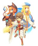  1boy 2girls animal_hood blonde_hair blue_eyes brown_eyes brown_hair cat_hood hood kishibe multiple_girls orange_hair original red_eyes short_hair sword weapon 