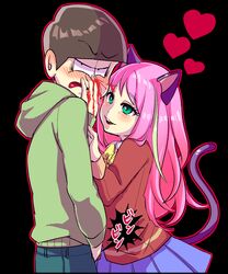  1boy 1girl :3 animal_ears black_background blood blush bowl_cut brown_hair cat_ears choromatsu covering covering_crotch green_eyes hashimoto_nyan heart hoodie looking_away multicolored_hair nosebleed osomatsu-kun osomatsu-san pink_hair school_uniform shakata_(syakatan) skirt smile streaked_hair tail 