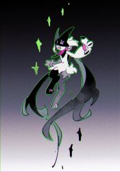  1other :d animal_hands animal_nose black_cape black_fur body_fur cape claws fang flower full_body furry grey_background half-closed_eyes highres lanjiujiu limited_palette looking_at_viewer mask meowscarada open_mouth other_focus pawpads pink_eyes pink_flower pokemon pokemon_(creature) short_hair short_tail simple_background skin_fang smile solo standing tail two-tone_fur white_fur white_hair 