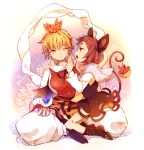  2girls animal_ears basket bishamonten&#039;s_pagoda black_hair blonde_hair blush boots capelet grey_hair hair_ornament mouse mouse_ears mouse_tail multicolored_hair multiple_girls nazrin one_eye_closed open_mouth red_eyes short_hair smile tail toramaru_shou touhou two-tone_hair yellow_eyes yetworldview_kaze 