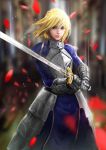  1girl ahoge armor bangs blonde_hair blue_dress blue_eyes blurry braid cglas depth_of_field dress excalibur fate/stay_night fate_(series) gauntlets holding_sword holding_weapon lips looking_at_viewer petals reflection saber signature solo sword weapon 