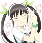  1girl bakemonogatari black_hair blush bracelet closed_eyes double_v fang gedou_(ge_ge_gedou) hachikuji_mayoi hairband jewelry long_hair monogatari_(series) ribbon school_uniform smile solo star twintails v white_background 