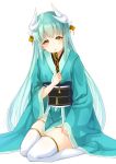  1girl aqua_hair fan fate/grand_order fate_(series) horn japanese_clothes kimono kiyohime_(fate/grand_order) long_hair m_sakura15 obi pelvic_curtain sash seiza sitting solo white_background white_legwear yellow_eyes 