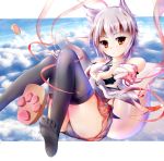  1girl above_clouds absurdres albino alternate_costume animal_ears bangs black_legwear black_panties blue_sky closed_mouth clouds detached_sleeves eyebrows eyebrows_visible_through_hair frown garyljq geta highres inubashiri_momiji looking_at_viewer miniskirt no_hat panties pantyshot paw_print pom_pom_(clothes) red_eyes ribbon shoes_removed short_hair silver_hair skirt sky solo tail thigh-highs touhou underwear upskirt wolf_ears wolf_tail 