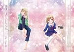  2girls barefoot blonde_hair blush capri_pants child cover cover_page denim doujin_cover hair_ornament hairclip happy higurashi_no_naku_koro_ni jeans kotoki_ayami long_hair multiple_girls open_mouth orange_eyes pants school_uniform serafuku short_hair sitting smile socks takano_miyo tanashi_miyoko white_legwear younger 