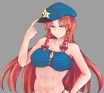  1girl abs aqua_eyes beret bow braid breasts collarbone covered_nipples expressionless grey_background hair_bow hand_on_hip hat hat_tip highres hong_meiling katsuko_wi_wi long_hair neck simple_background solo star string_panties toned touhou twin_braids upper_body very_long_hair 