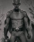  1boy bald cape gloves male_focus monochrome onepunch_man realistic saitama_(onepunch_man) serious solo stanley_lau 