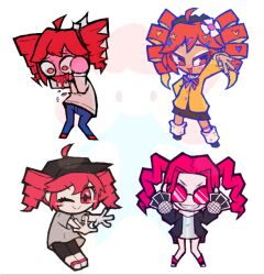 +_+ 4girls ahoge ataman_ita_(synthesizer_v) baseball_cap black_hat black_jacket black_pants black_shoes black_skirt blue_pants blush_stickers blush_visible_through_hair bow bowtie card clutching_head collared_shirt colored_skin dnt_zk dress drill_hair drooling evil_grin evil_smile fewer_digits fingernails fishnet_gloves fishnets flower glasses gloves grey_shirt grin gyaru hair_flower hair_ornament hair_ribbon hairclip hat headache heart heart_hair_ornament holding holding_card igaku_(utau) jacket kasane_teto kogal long_fingernails long_sleeves magical_miracle_metagalphose_(synthv) manba_gyaru multiple_girls no_fingers one_eye_closed opaque_glasses override_(synthesizer_v) pants pink-tinted_eyewear pink_skin purple_nails red_eyes red_hair red_socks ribbon round_eyewear shirt shoes short_sleeves skirt smile socks standing star_(symbol) star_hair_ornament striped_bow striped_bowtie striped_clothes sweater synthesizer_v tinted_eyewear twin_drills twintails utau white_background white_dress white_ribbon white_shirt white_socks wildcard_(synthesizer_v) yellow_sweater