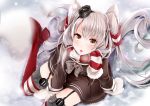  1girl :o amatsukaze_(kantai_collection) bangs between_thighs blush bowtie breath brown_eyes buttons dress from_above garter_straps grey_bow hair_tubes hat kantai_collection lifebuoy long_hair looking_at_viewer mittens okatsukisei on_ground outdoors pom_pom_(clothes) red_shoes sailor_dress scarf shoes short_dress silver_hair snow snowing solo striped striped_legwear striped_scarf thigh-highs two_side_up very_long_hair windsock 