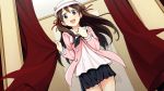  1girl :d alternate_costume artist_request ascot blue_eyes blush brown_hair curtains game_cg go!_go!_nippon!_2015 go!_go!_nippon!_~my_first_trip_to_japan~ hair_ribbon hat long_hair long_sleeves misaki_makoto_(go!_go!_nippon!) official_art open_mouth ribbon skirt smile twintails 