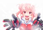  1girl akino_sora gloves hair_bun jacket looking_at_viewer open_mouth outstretched_arms outstretched_hand pink_hair red_eyes short_hair smile snow solo yahari_ore_no_seishun_lovecome_wa_machigatteiru. yuigahama_yui 