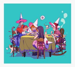  4girls ace_(playing_card) ace_of_spades animal apron aqua_background back_bow black_cat blue_dress blue_slippers book book_stack borrowed_character bow brown_eyes calico_cat card card_game carol_cao cat chair clenched_hand clothed_animal commentary cookie crossover cup dress english_commentary floating_food food glass_teapot grey_cat grey_eyes grin hairband hand_on_own_hip hat hat_ribbon highres holding holding_card index_finger_raised long_hair multiple_girls nape_braid on_chair orange_hair original pink_bow pink_dress pink_hair pink_ribbon pink_shirt plate playing_card puffy_short_sleeves puffy_sleeves purple_bow purple_hair purple_hairband purple_ribbon reaching reaching_towards_another red_dress red_hair red_ribbon ribbon rocking_chair saucer scratching_head scribble seven_of_hearts shadow shirt short_sleeves slippers smile socks spade_(shape) speech_bubble spilling steam striped_clothes striped_shirt tabby_cat table tablecloth tea teacup teeth unworn_hat unworn_headwear upper_teeth_only vertical-striped_clothes vertical-striped_shirt very_long_sidelocks violet_eyes wavy_hair white_apron white_dress white_hat white_shirt white_socks witch witch_hat wooden_chair 