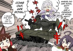 akagi_(azur_lane) angry animal_ears azur_lane belfast_(azur_lane) breaking_through_wall chain fox_ears long_hair mecha multiple_girls robot