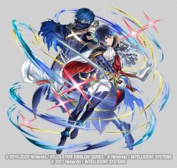  2boys aoi_itsuki armored_boots blue_eyes blue_hair boots cape chrom_(fire_emblem) copyright_notice epaulettes facial_mark fire_emblem fire_emblem_heroes full_body gloves grey_background male_focus mikurou_(nayuta) multiple_boys official_art sparkle sword tokyo_mirage_sessions_fe weapon 