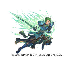  1boy arm_guards armor armored_boots blue_eyes boots copyright_notice fire_emblem fire_emblem:_mystery_of_the_emblem fire_emblem_heroes full_body gloves green_hair holding holding_sword holding_weapon izuka_daisuke luke_(fire_emblem) male_focus official_art open_mouth pants pauldrons shoulder_armor solo sword teeth weapon white_background 