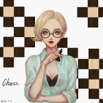  1girl blonde_hair bra breasts cleavage dated glasses green_eyes king_(chess) lipstick makeup mole mole_under_eye open_clothes open_shirt original red_lipstick saikac see-through shirt short_hair solo underwear upper_body 