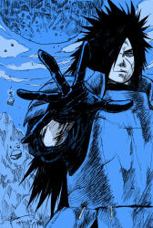 1boy 2013 armor blue_theme clouds cracked_skin dated debris dominic_ian_cabatit dou edo_tensei expressionless foreshortening gloves hair_over_one_eye hand_up highres japanese_armor long_hair looking_at_viewer meteor monochrome naruto_(series) naruto_shippuuden nick-ian open_hand outstretched_hand rinnegan rock shoulder_armor solo spiky_hair spread_fingers timestamp uchiha_madara upper_body 