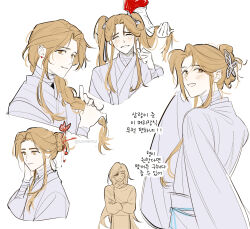  2boys absurdres alternate_hairstyle arm_at_side bandaged_neck bandaged_wrist bandages black_outline blush bracelet braid brown_eyes butterfly_hair_ornament chinese_clothes chinese_hairpin claw_hair_clip clenched_hand closed_eyes cropped_torso crossed_arms curtained_hair embarrassed eyelashes eyepatch facing_viewer furrowed_brow hair_behind_ear hair_bun hair_ornament hair_over_shoulder hair_ribbon hair_stick hair_up hairclip hairpin hand_on_own_face hand_up hanfu happy head_tilt highres holding holding_another&#039;s_hair holding_own_hair hua_cheng hum_(s2mhms2) jewelry korean_text laughing long_sidelocks long_sleeves looking_afar looking_at_viewer male_focus messy_hair multiple_boys multiple_views nervous obi out_of_frame outline outstretched_hand parted_bangs parted_lips red_hanfu ribbon sash shy side_braid sidelocks sideways_glance simple_background single_braid single_hair_bun single_sidelock sweatdrop swept_bangs three_quarter_view tianguan_cifu translation_request turning_head twintails twitter_username upper_body waist_tassel wavy_mouth white_background white_hanfu white_ribbon white_sash wide_sleeves wispy_bangs xie_lian 