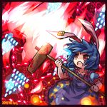  1girl ambiguous_red_liquid animal_ears blue_dress blue_hair danmaku dress ear_clip kine long_hair lowres mallet open_mouth pote_(ptkan) puffy_sleeves rabbit_ears red_eyes seiran_(touhou) short_sleeves skirt solo touhou 