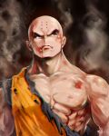  1boy abs amaguchi_chiyoko bald black_eyes blood blood_from_mouth bruise chromatic_aberration dougi dragon_ball dragon_ball_z from_below highres injury kuririn male_focus muscle solo torn_clothes upper_body 