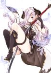  1girl 218 bare_shoulders black_gloves blue_eyes blush boots breasts butterfly demon_horns elbow_gloves fingerless_gloves gloves granblue_fantasy hair_over_one_eye horns large_breasts lavender_hair long_hair looking_at_viewer narumeia_(granblue_fantasy) open_mouth panties pointy_ears simple_background single_thighhigh smile solo sword thigh-highs underwear weapon white_background 