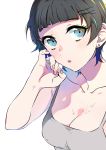  1girl :o bangs black_hair blue_eyes blunt_bangs blush breasts cleavage earrings hair_ornament hairclip hand_on_own_face jewelry looking_to_the_side nail_polish original short_hair solo sweat tank_top yuura 