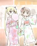  2girls blonde_hair brown_hair festival food japanese_clothes kill_me_baby kimono kogaku_kazuya long_hair multiple_girls obi oribe_yasuna sash short_hair sonya_(kill_me_baby) twintails yukata 