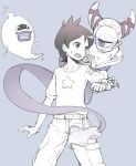  1boy 1girl amano_keita bare_shoulders belt breasts cargo_pants cleavage collarbone cyclops fuumin_(youkai_watch) ghost half-closed_eye large_breasts mochiyanagi monochrome monster_girl nail_polish one-eyed open_mouth pants pointy_ears shirt short_hair simple_background star sweatdrop t-shirt tail tongue tongue_out watch watch whisper_(youkai_watch) youkai youkai_watch youkai_watch_(object) 